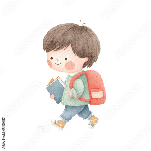 Cute Watercolor Boy Walking to School with Backpack and Book.