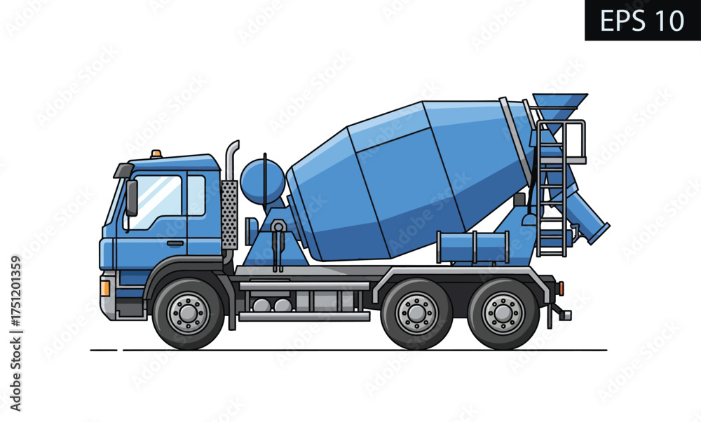 Fototapeta premium Blue cement mixer truck illustration on white background, construction vehicle for building and infrastructure projects