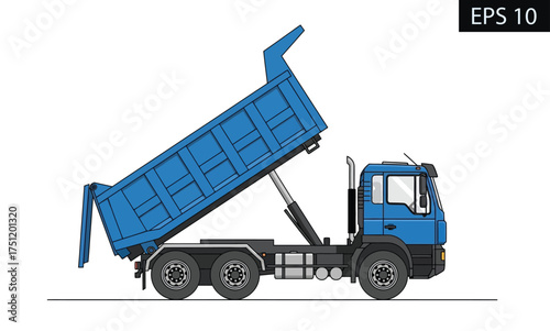 Modern blue dump truck vector illustration, depicting a heavy-duty construction vehicle with its cargo bed raised, ideal for material transport and unloading on building sites