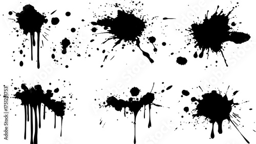 Abstract black ink splatter pattern on white background. Vector ink blots and splatters on white background. Collection of ink splatter graphics for artistic backgrounds design template, wallpaper,