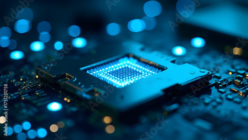 Realistic macro photo of an AI processor glowing with blue lights and metallic reflections. Captures precision engineering and cutting-edge design in stunning 8K detail. Shallow depth of field with sm
