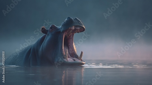 A majestic hippopotamus yawns widely in the early morning mist over the water.