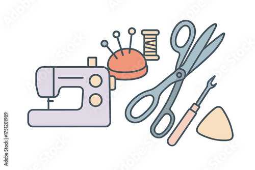 Essential sewing and tailoring tools set including machine, scissors, and thread