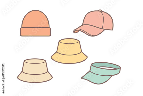 Collection of casual headwear accessories including caps, beanies, and visors in pastel colors
