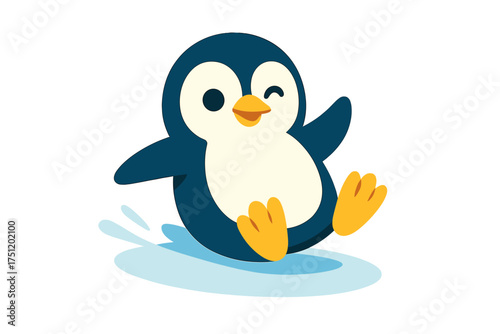 Adorable happy penguin character winking while sliding and splashing water