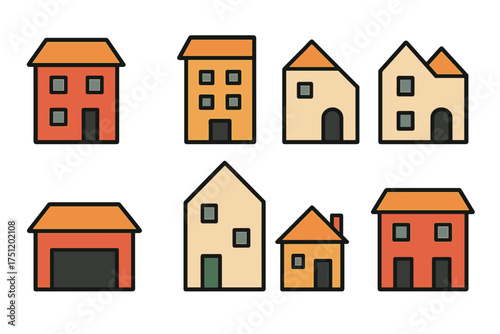 Assortment of colorful cartoon residential buildings, houses, and a garage