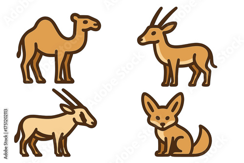 Stylized icons of desert animals including camel, gazelle, oryx, and fennec fox