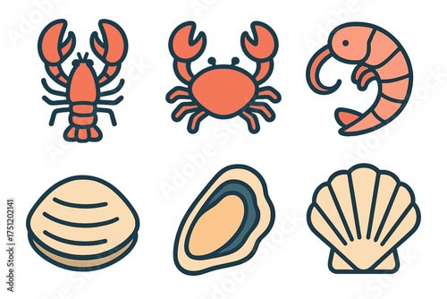 Six colorful seafood icons featuring lobster, crab, shrimp, clam, oyster, and scallop