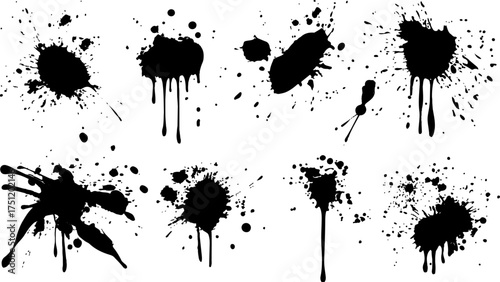 Abstract black ink splatter pattern on white background. Vector ink blots and splatters on white background. Collection of ink splatter graphics for artistic backgrounds design template, wallpaper,