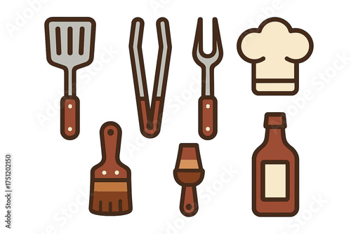 Set of essential barbecue and grilling tools including spatula, tongs, and chef hat