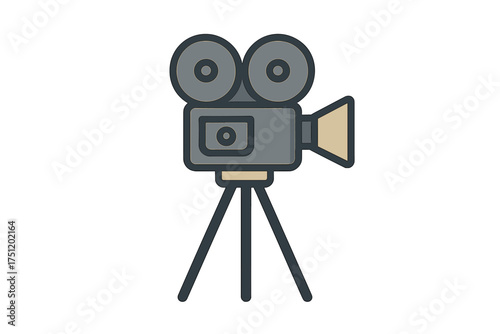 Classic vintage movie camera with film reels mounted on a sturdy tripod stand