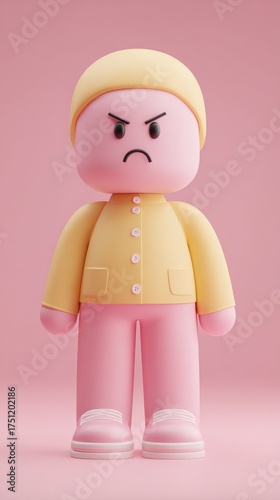 Angry cartoon character in yellow and pink outfit.