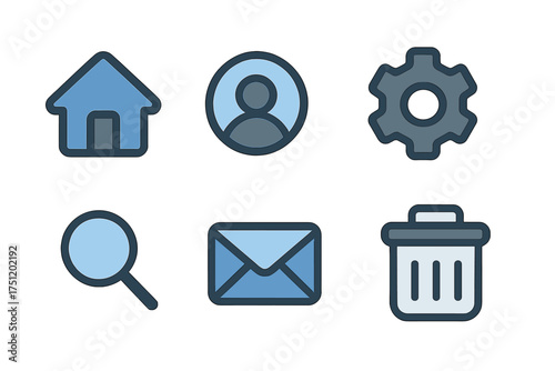 Essential user interface icons set including home profile settings search mail and trash symbols