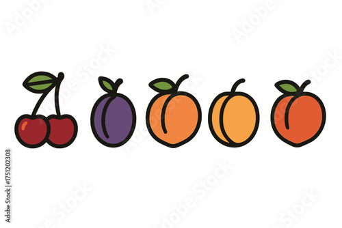 Simple line art icons of various fresh summer fruits including cherries, plum, and peaches