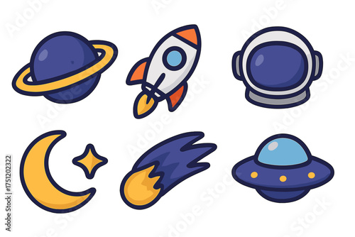 Colorful collection of space exploration symbols: rocket, planet, astronaut helmet, moon, UFO