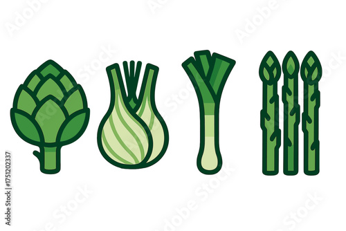 Collection of fresh green vegetable icons including artichoke, fennel, leek, and asparagus