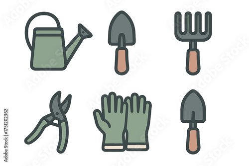 Essential gardening tools collection including watering can, trowel, fork, and pruners