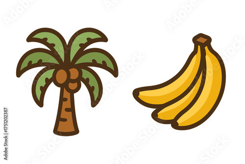 Stylized tropical palm tree with coconuts and ripe yellow bananas on white background
