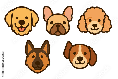 Cute cartoon faces of popular dog breeds including Golden Retriever French Bulldog Poodle and German Shepherd
