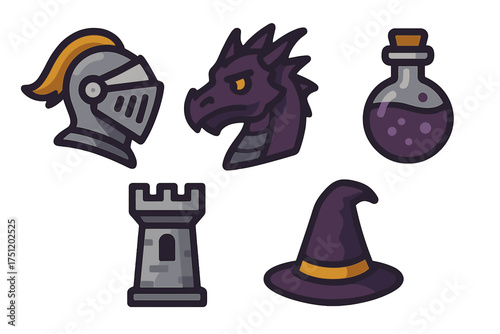 Set of fantasy role-playing game icons including armor, dragon, magic potion, and wizard hat