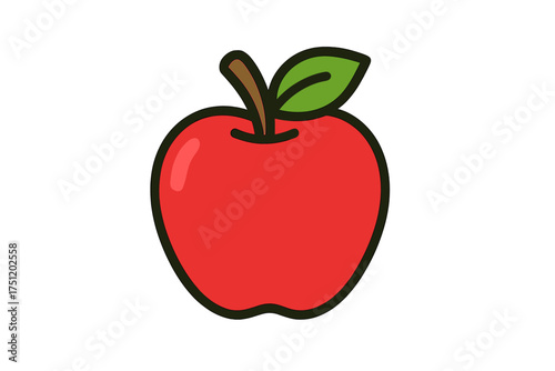 Simple stylized red apple fruit with green leaf and brown stem isolated on white background