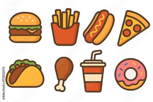 Popular fast food icons set featuring hamburger, french fries, hot dog, pizza, taco, and donut