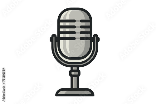 Classic silver retro microphone icon on a stand for broadcasting, podcasting, or singing performance