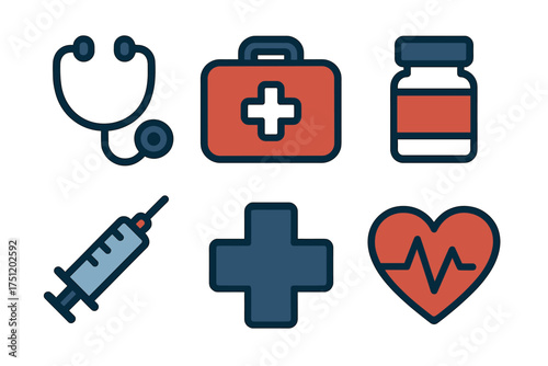 Set of healthcare and emergency symbols featuring a stethoscope, first aid box, syringe, medicine bottle, and heart rate sign