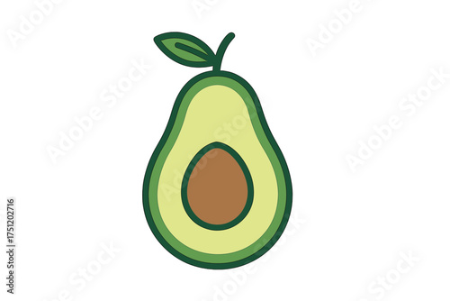 Stylized cross section of a ripe avocado fruit with seed and stem leaf