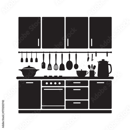 A black silhouette of a modern kitchen interior with cabinets, stove, and utensils