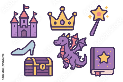 Magical fairy tale objects collection including castle, dragon, crown, and wand