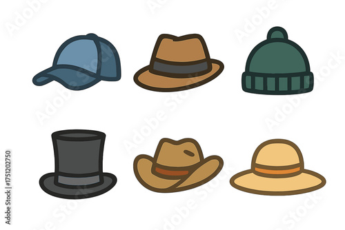 Set of diverse headwear icons featuring casual, formal, and seasonal hat styles