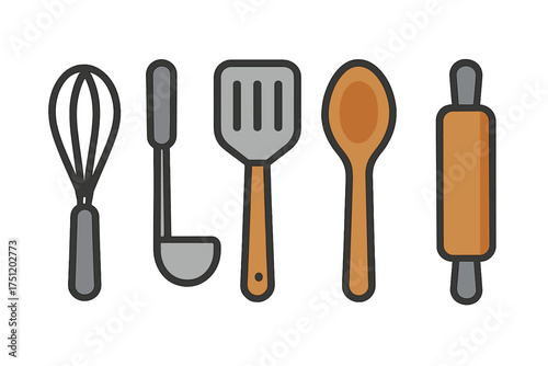 Collection of essential kitchen tools: whisk, ladle, spatula, spoon, and rolling pin