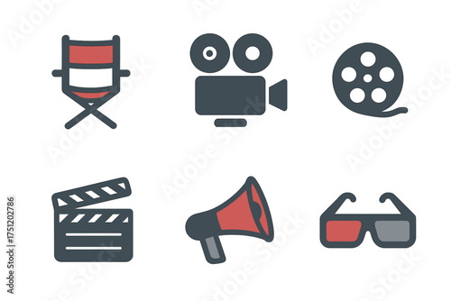 Set of six movie and film production icons including camera, clapperboard, and director chair