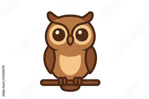 Cute cartoon owl character sitting on a branch with large eyes isolated on a white background