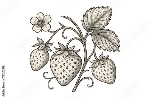 Strawberry plant with ripe berries, leaves, and flower in vintage botanical style