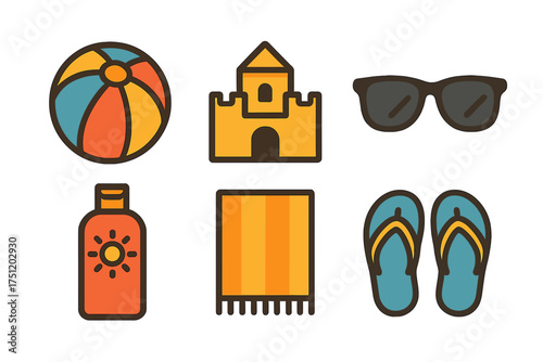 Colorful collection of summer vacation and beach holiday essentials including sunglasses, sunscreen, towel, and flip-flops