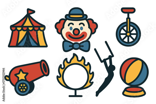 Colorful circus show elements including tent, clown, cannon, and unicycle symbols