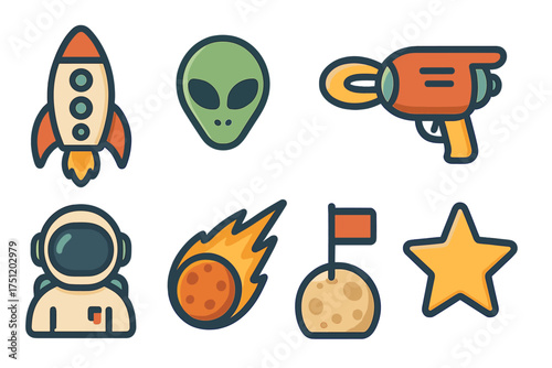 Colorful space exploration and science fiction icons set featuring rocket, alien, and astronaut
