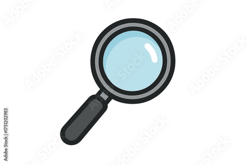 Classic magnifying glass with black handle and blue glass lens on a white background