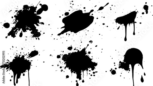 Abstract black ink splatter pattern on white background. Vector ink blots and splatters on white background. Collection of ink splatter graphics for artistic backgrounds design template, wallpaper,