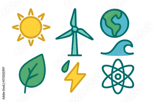 Colorful flat line icons representing renewable energy, ecology, environment, and scientific power sources