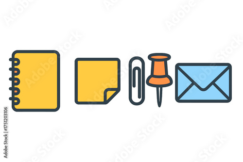 Collection of essential office stationery supplies including notebook, sticky note, paperclip, thumbtack, and mail envelope