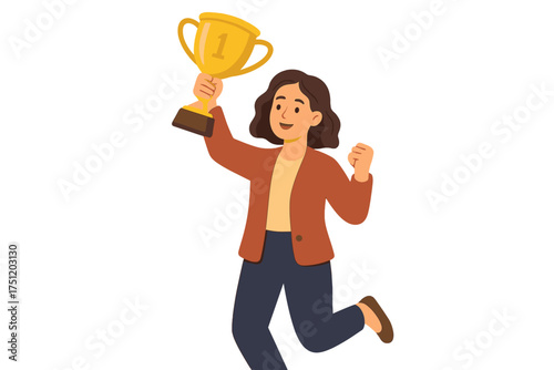 Businesswoman celebrating victory with a golden trophy cup in her raised hand