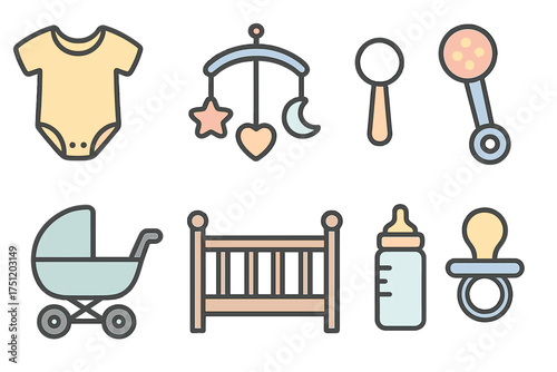 Essential baby care items and accessories set including clothing, feeding, and sleeping gear