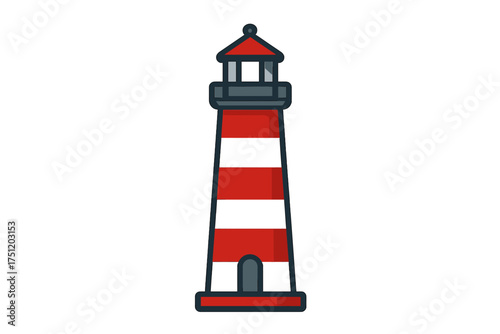 Coastal lighthouse tower with red and white stripes guiding maritime navigation