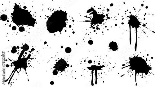 Abstract black ink splatter pattern on white background. Vector ink blots and splatters on white background. Collection of ink splatter graphics for artistic backgrounds design template, wallpaper,