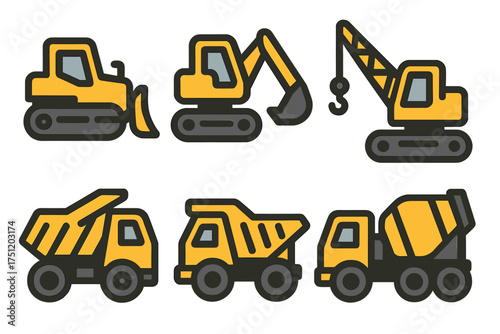 Collection of heavy construction and industrial machinery icons: bulldozer, excavator, crane, dump truck, and cement mixer