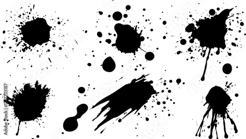 Abstract black ink splatter pattern on white background. Vector ink blots and splatters on white background. Collection of ink splatter graphics for artistic backgrounds design template, wallpaper,