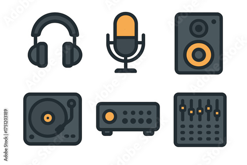 Professional sound and music production equipment set including headphones, microphone, and mixing console